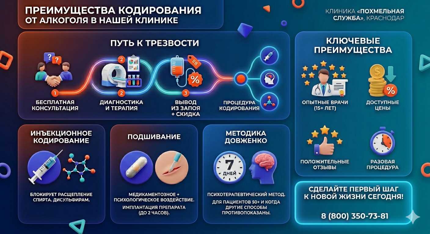 Инфографика о методах кодирования от алкоголя в Петушках: инъекции, подшивание, метод Довженко. Преимущества клиники и этапы лечения.